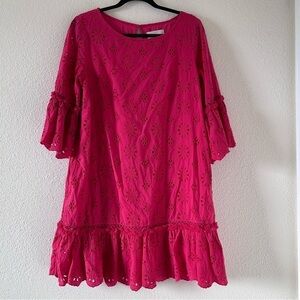 Anthropology Women Flare Sleeve Dress 12 Pink Eyelet Scallop Tired Ruffle